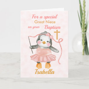 Cartão Rosa Ballerina Pinguim Batismo Bonito