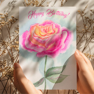 Cartão Rosa de Aniversário Feliz Pintada à Mão em Aquarel