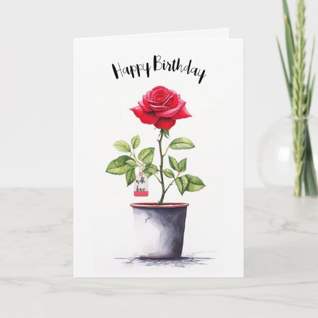 Cartão Rosa de Aniversário Vermelho de Aquarela (Frente)
