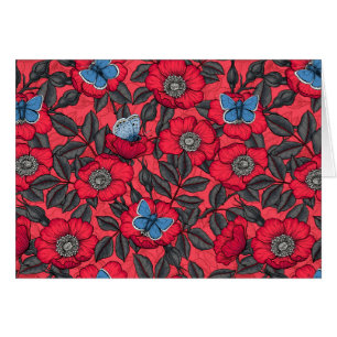 Cartão Rosa de cão e borboletas em vermelho e azul