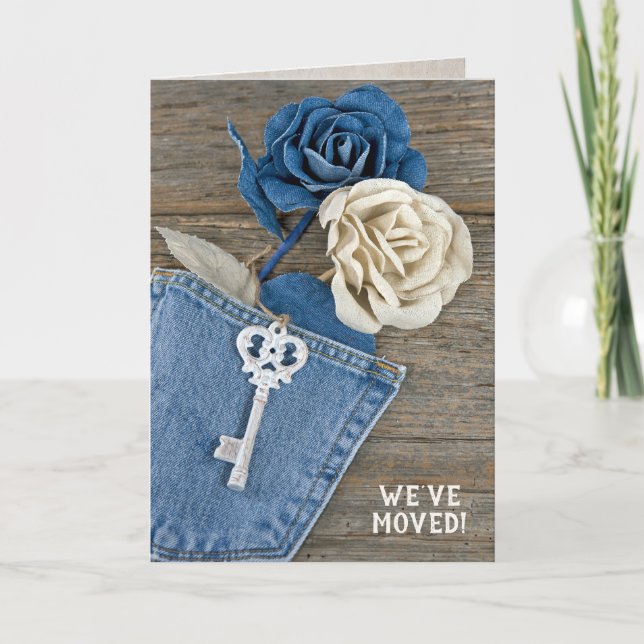 Cartão Rosa de jeans para nova casa com chave (Frente)