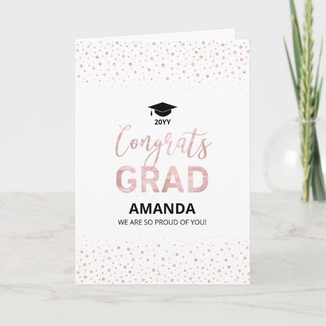 Cartão Rosa Dourado & Branco Confete Parabéns Graduado (Frente)