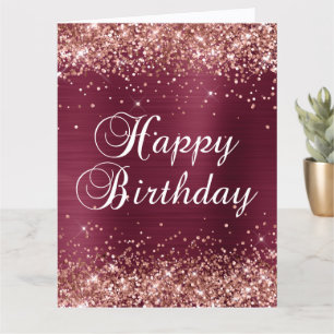 Cartão Rosa Dourado Brilho Burgundy Folha Feliz Aniversár