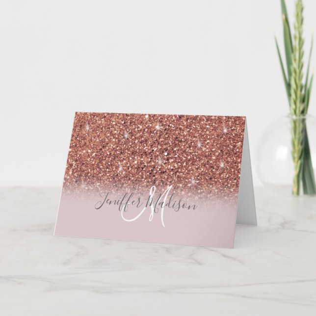 Cartão Rosa dourado glitter Nome Personalizado (Frente)