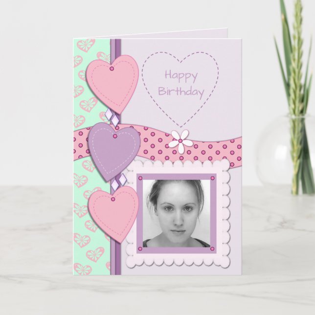 Cartão Rosa e roxo com corações e foto (Frente)