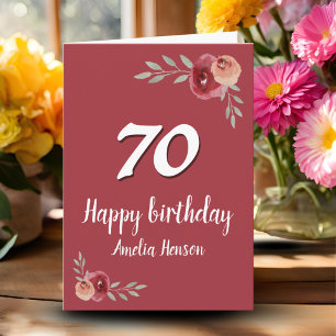 Cartão Rosa Floral em Aquarela Vermelha Aniversário de 70