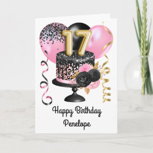 Cartão Rosa Preto e Dourado Aniversário de 17 anos para E