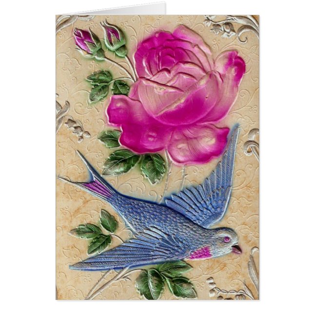 Cartão Rosa Rosa Rosa Pássaro Azul (Frente)