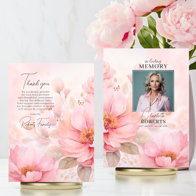 Cartão Rosa Rosa Simpatia Funeral Obrigado | FOTO (Feminine Vintage Roses Blush Pink Funeral Thank You  PHOTO | Memorial Service)