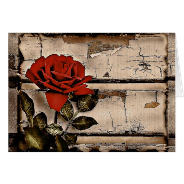 Cartão Rosa vermelha Rústica Da Madeira Do Barn Com Dific (Frente Horizontal)