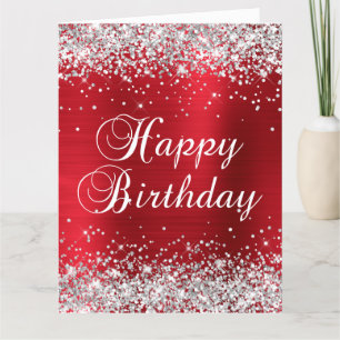 Cartão Rosa Vermelho Brilho Prata Grande Feliz Aniversári