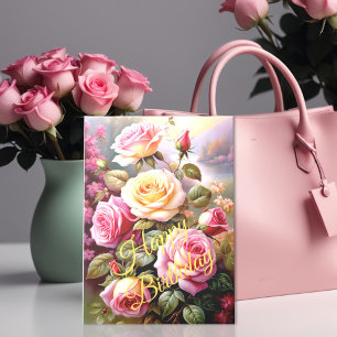 Cartão Rosas Amarelas Rosadas Vibrantes Aquarela Floral