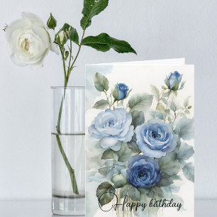 Cartão Rosas Azuis sofisticados de Aquarela Feliz Anivers