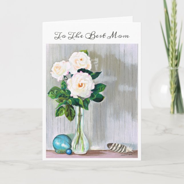 Cartão Rosas brancas da placa de dia de as mães (Frente)