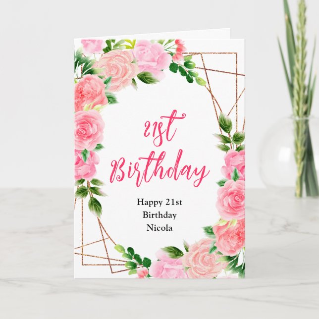 Cartão Rosas Cor-de-Rosa com Folhagem de Aniversário (Frente)