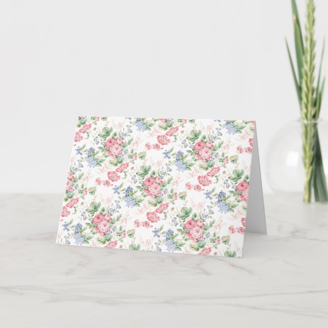 Cartão Rosas Cor-de-Rosa e Flores Azuis em Branco (Frente)