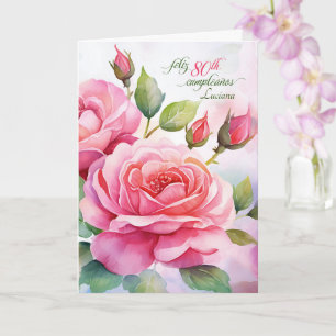 Cartão Rosas Cor-de-Rosa para 80º Aniversário com Nome em