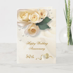 Cartão Rosas creme de pêssego, corações 50º Aniversário d
