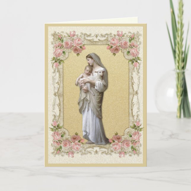 Cartão Rosas da Virgem Dourada Elegante Religiosa Maria (Frente)