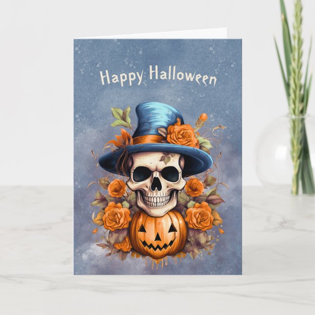 Cartão Rosas de abóbora do crânio do Halloween (Frente)