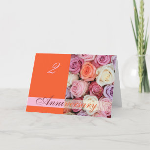Cartão rosas de pastel de segundo de aniversário de casam