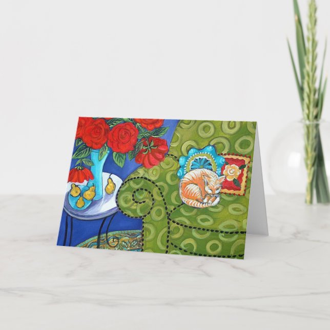 Cartão Rosas e gato da morango (Frente)