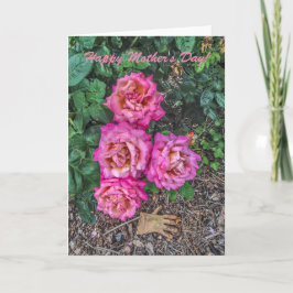 Cartão Rosas rosa e luva de jardim - Dia de as mães