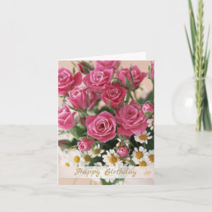 Cartão Rosas rosa e margarida branca Aniversário