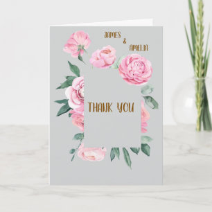 Cartão Rosas Rosa Elegantes e Casamento Floral Cinza