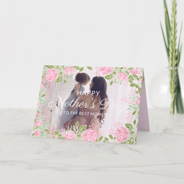Cartão Rosas Rosa Flores Foto do Dia de as mães Feliz (Frente)
