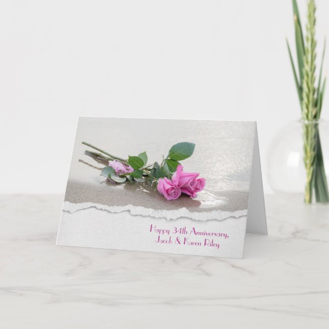 Cartão rosas rosa na praia para o aniversário de casament (Frente)