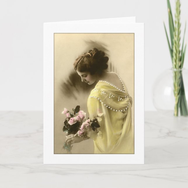 Cartão Rosas rosa, românticas, mulheres vitorianas (Frente)