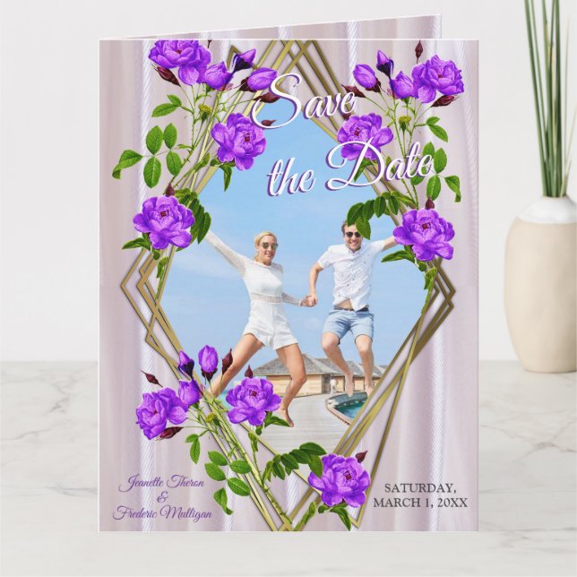 Cartão Rosas roxas violetas na seda cor-de-rosa-magenta (Frente)