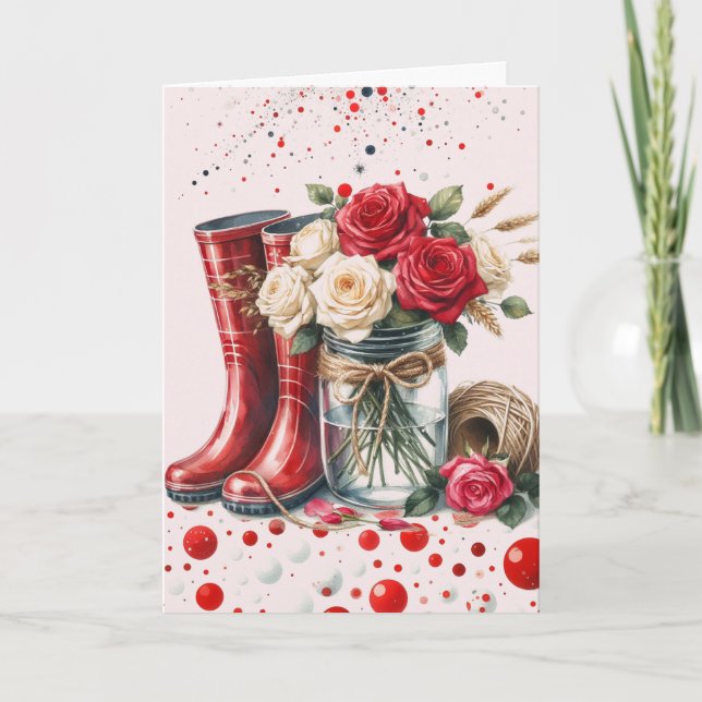 Cartão Rosas Rústicas Abstratas e Botas de Chuva (Frente)