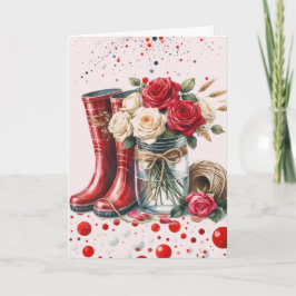 Cartão Rosas Rústicas Abstratas e Botas de Chuva