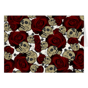 Cartão Rosas Vermelhas & Caveiras Preto Floral Branco Gót