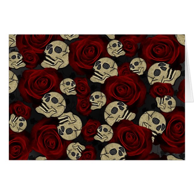 Cartão Rosas vermelhas e Skulls Black Floral Gothic Obrig (Frente horizontal)
