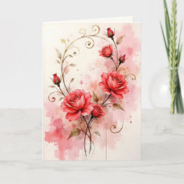Cartão Rosas Vermelhas em Aniversário de Lavagem de Aquar