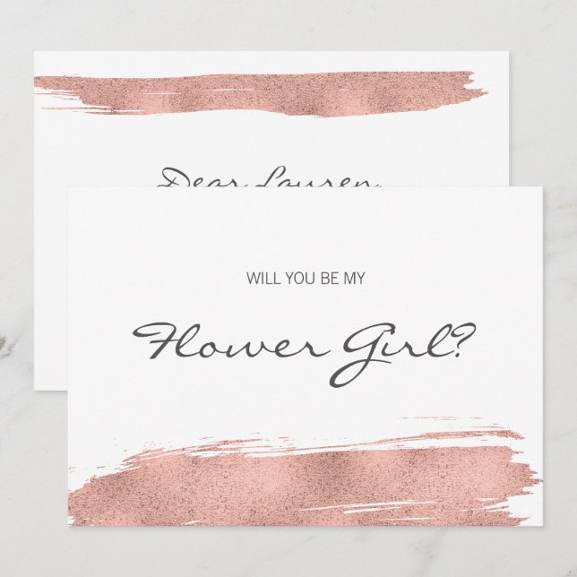 Cartão Rose Gold Brushstroke Be My Flower Girl (Frente/Verso)