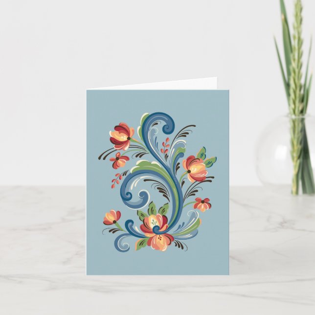 Cartão Rosemaling in Blue and Red Greeting Card (Frente)