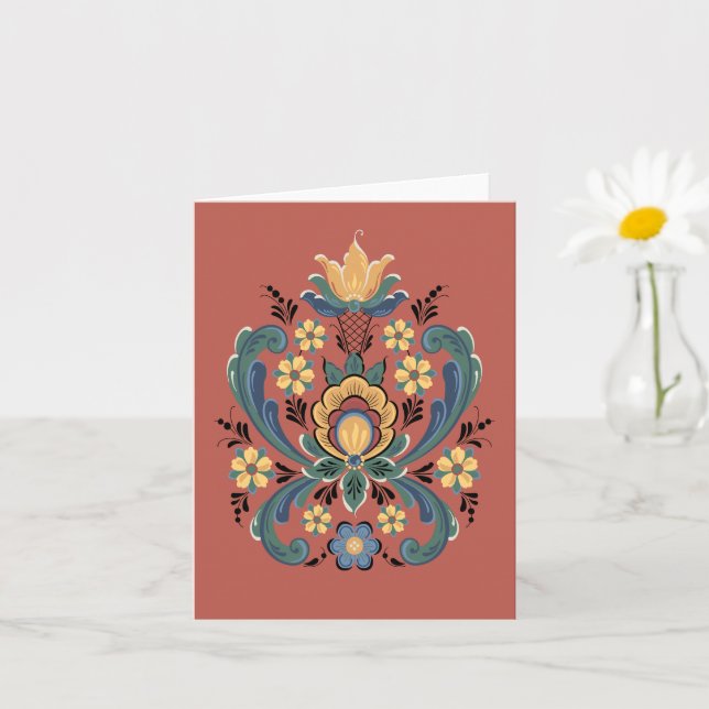 Cartão Rosemaling in Red and Dourado Greeting Card (Planta pequena)