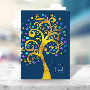 Cartão Rosh Hashanah Blue Gold Tree of Life on Marinho