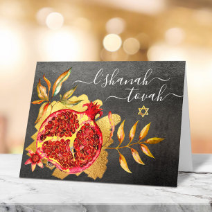 Cartão Rosh Hashanah Vermelho Dourado Romã Aquarela Cinza
