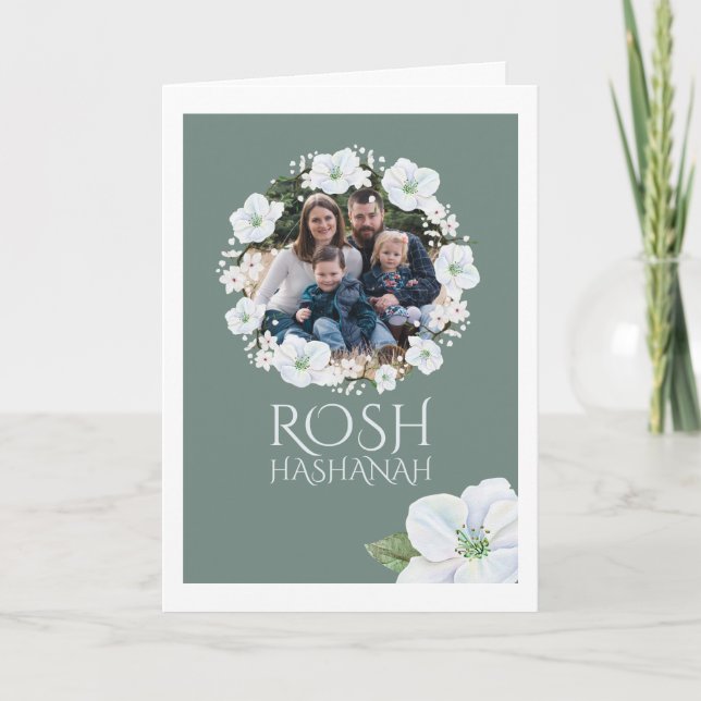 Cartão Rosh Hashanah White Apple Blossom Wreath Photo (Frente)