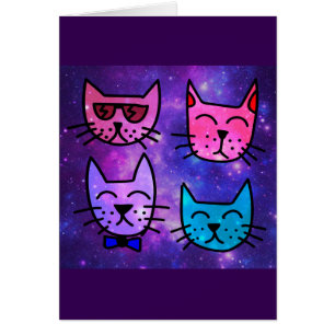 Cartão Rostos de Gato Legal em um Fundo Espacial