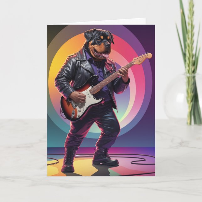 Cartão Rottweiler Engraçado Estrela do Rock (Frente)