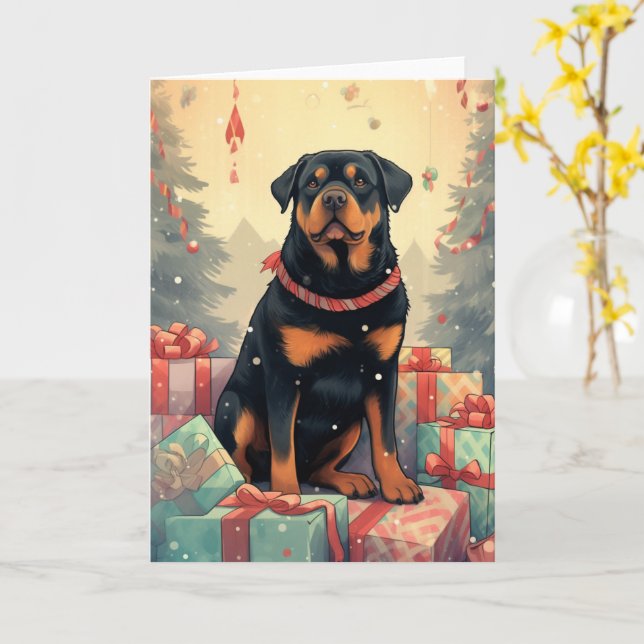 Cartão Rottweiler Guardando Presentes de Natal (Flor Amarela)