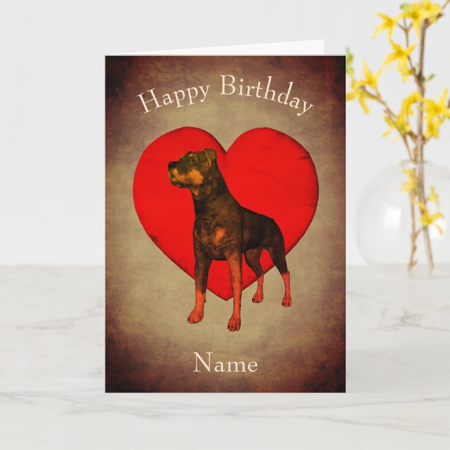 Cartão Rottweiler Red Heart Dog Personalizado Aniversário (Flor Amarela)