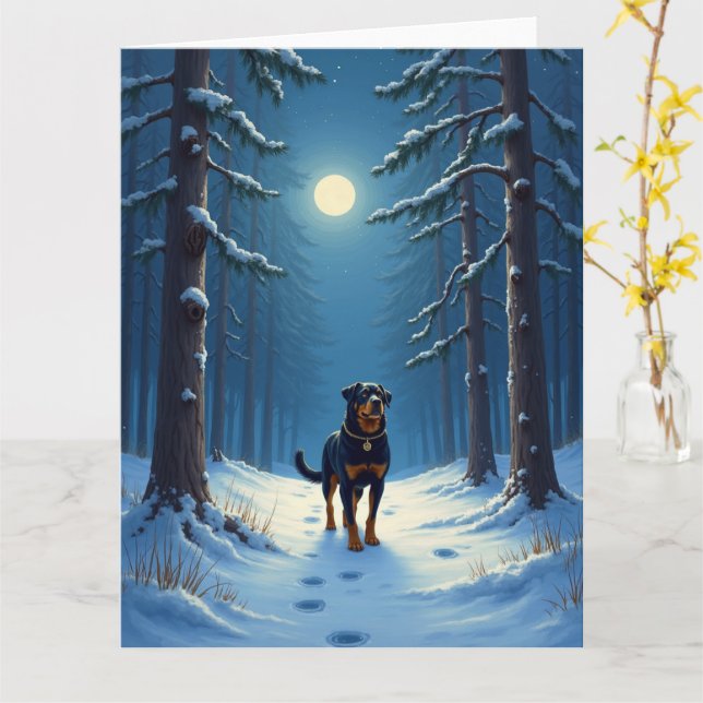 Cartão Rottweiler Starry Forest Hike Christmas Painting (Flor Amarela)