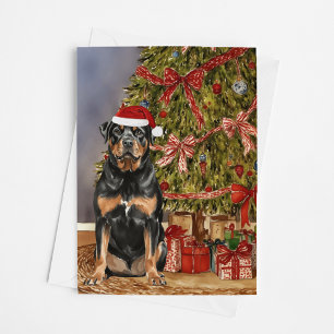 Cartão Rottweiler Watercolor sob a árvore natalícia